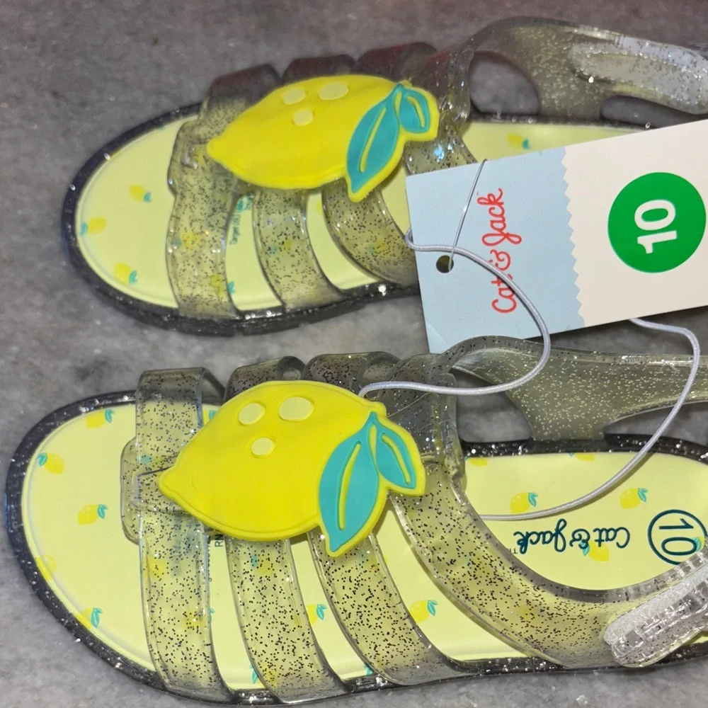 Cat & Jack Lemon Jelly Sandals Yellow Silver Glitter Velcro Straps Size 5 10 New